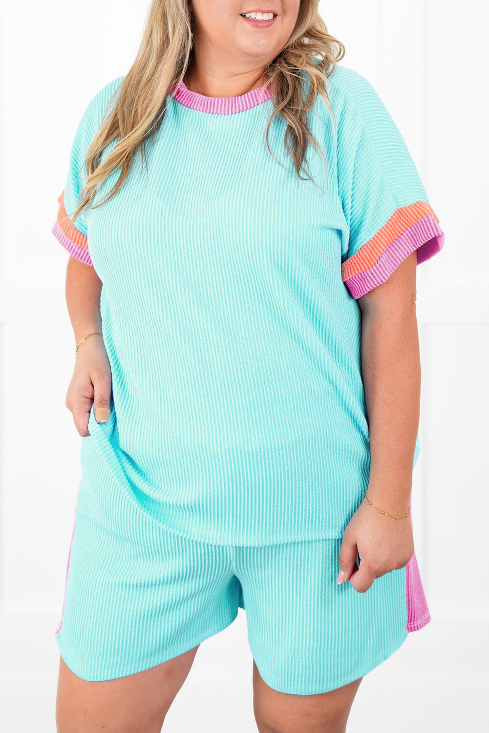 Plus Size Light Blue  Color Block Corded Knit Tee and Shorts Set