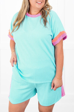 Plus Size Light Blue  Color Block Corded Knit Tee and Shorts Set
