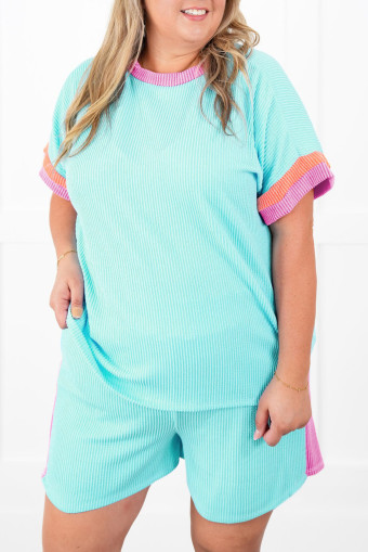 Plus Size Light Blue  Color Block Corded Knit Tee and Shorts Set