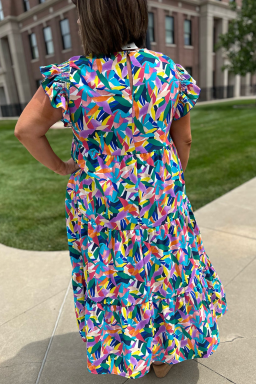 Plus Blue Geometric Print Ruffled Short Sleeve  Tiered Maxi Dress