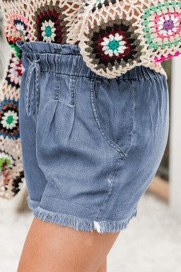 Plus Curvy Dusk Blue Raw Hem Lace-up High Waist  Denim Shorts