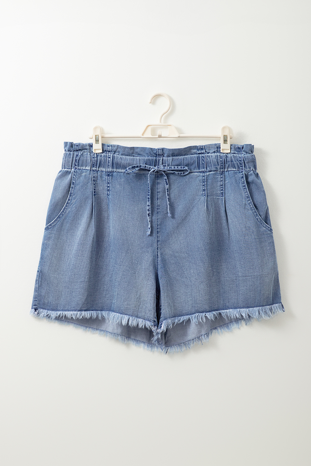 Plus Size Dusk Blue Raw Hem Lace-up High Waist  Denim Shorts