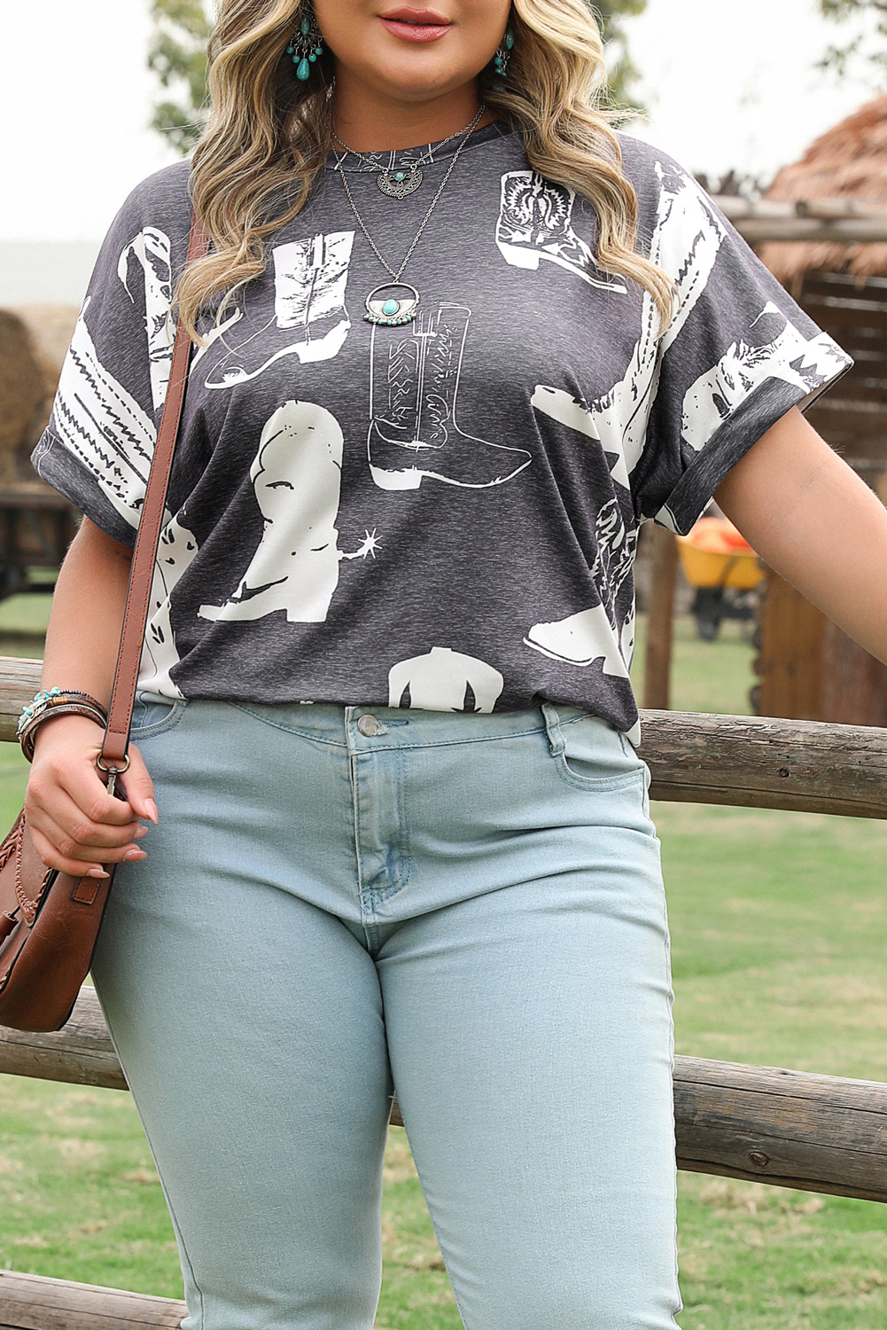 Plus Size Gray  Western Boots Print Crew Neck T Shirt