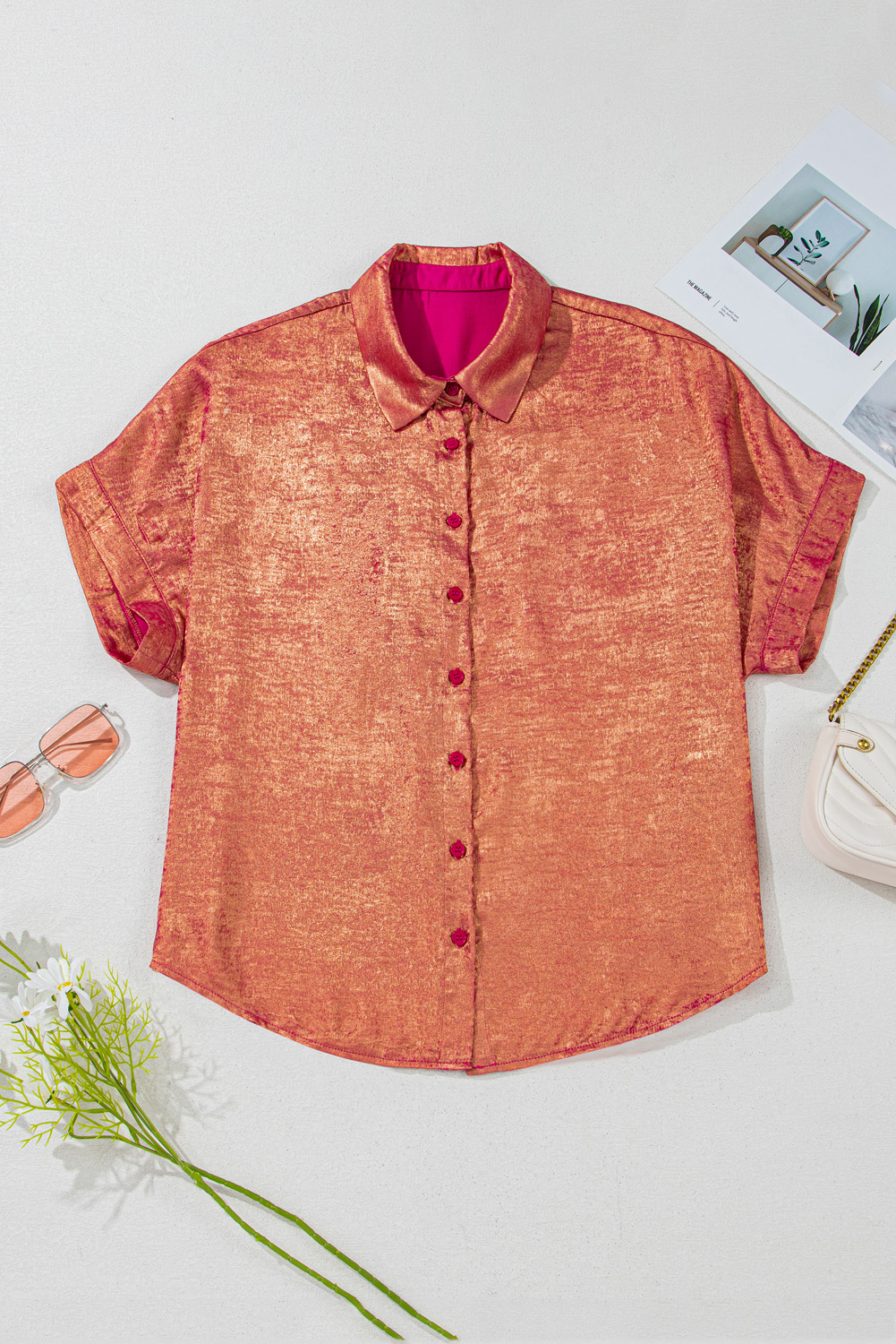 Plus Size Rose Red  Metallic Sheen Short Sleeve Button Up Shirt