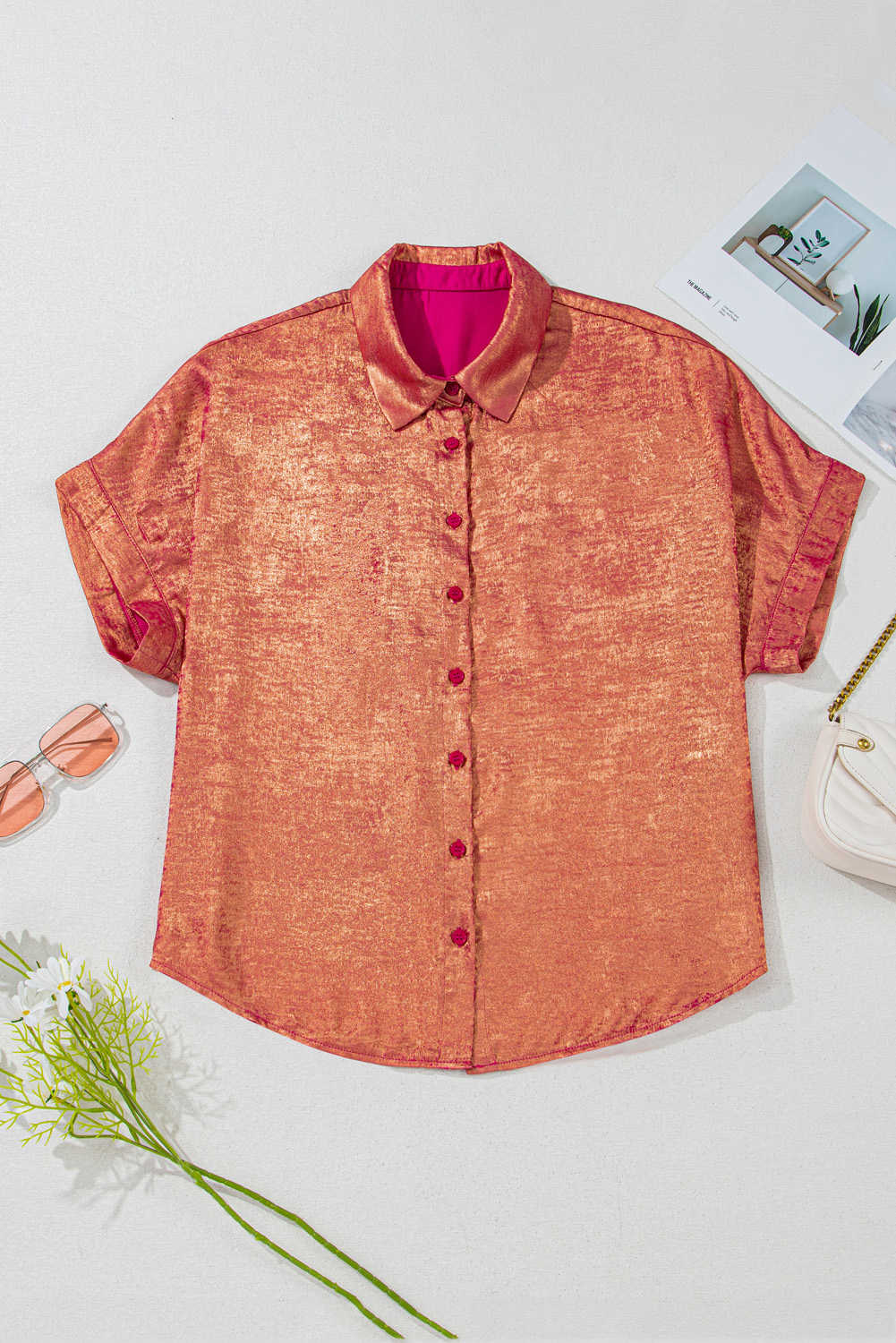 Plus Size Rose Red  Metallic Sheen Short Sleeve Button Up Shirt