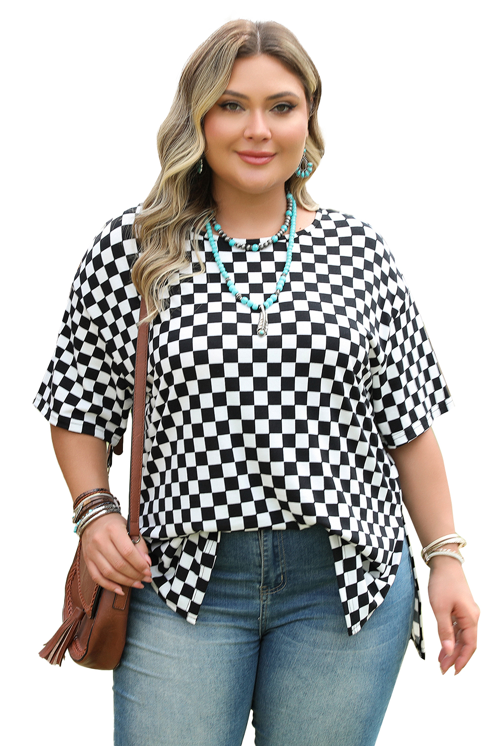 Plus Size Black Checkered Print Side Slits O Neck  T Shirt