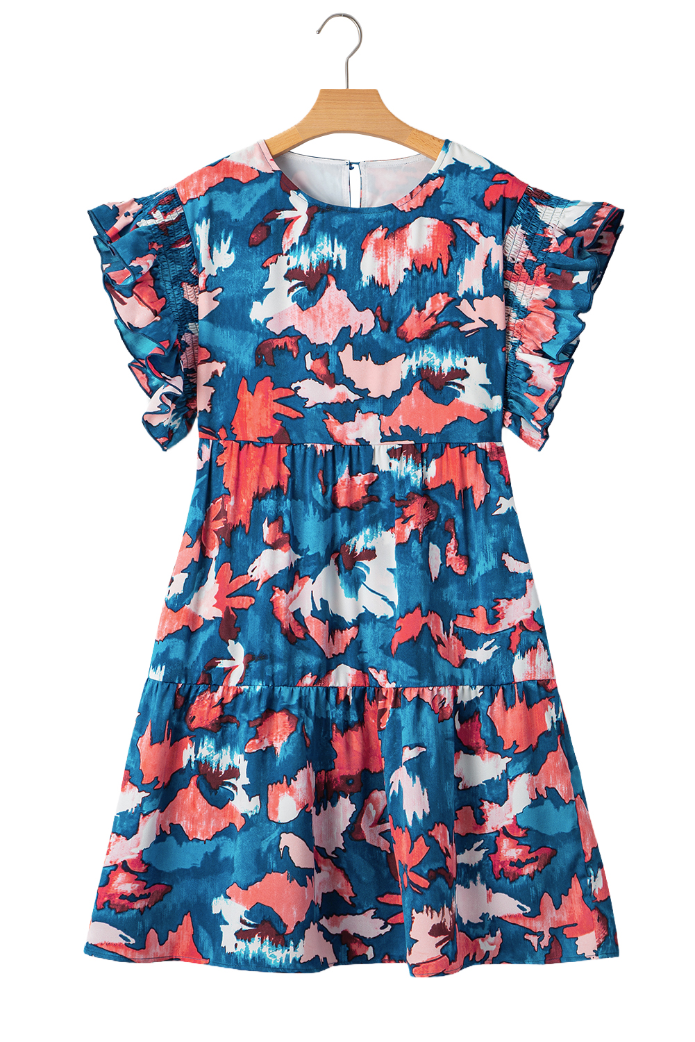 Plus Size Blue Abstract Print Shirred Ruffled Short Sleeve Tiered  Mini Dress