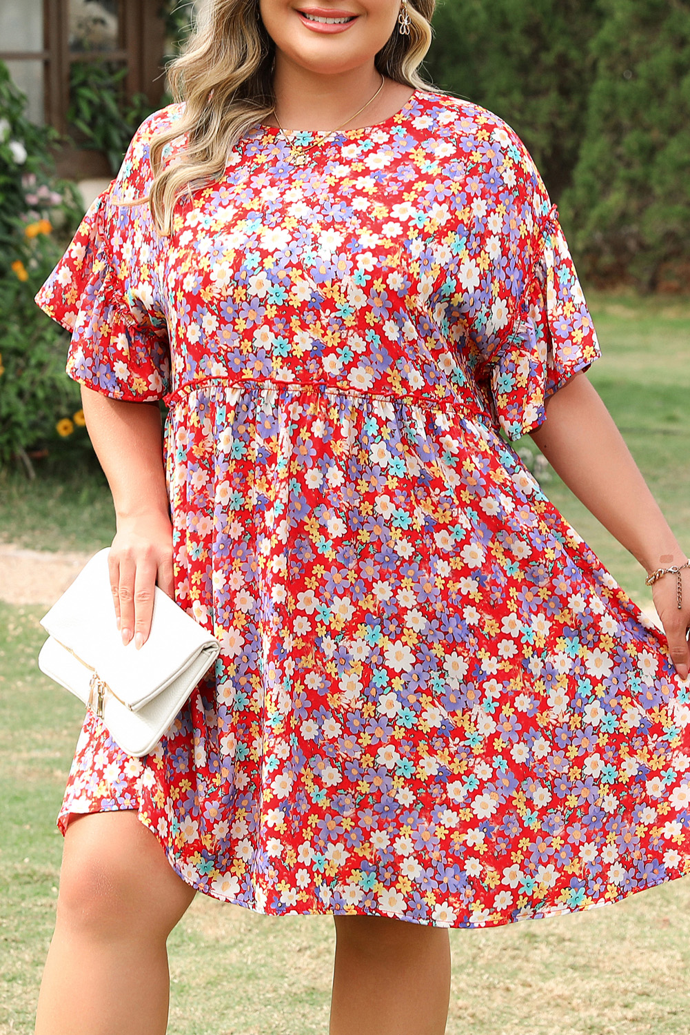 Plus Size Red Dainty Flower Printed  Short Sleeve Shift Dress