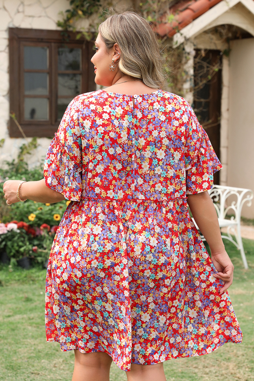 Plus Size Red Dainty Flower Printed  Short Sleeve Shift Dress