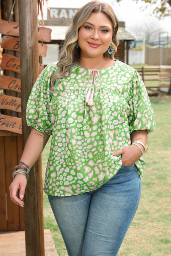 Plus Size Green  Floral Tassel Tie Split Neck Puff Sleeve Blouse