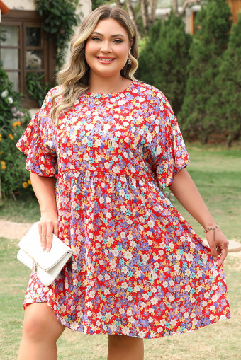 Plus Size Red Dainty Flower Printed  Short Sleeve Shift Dress