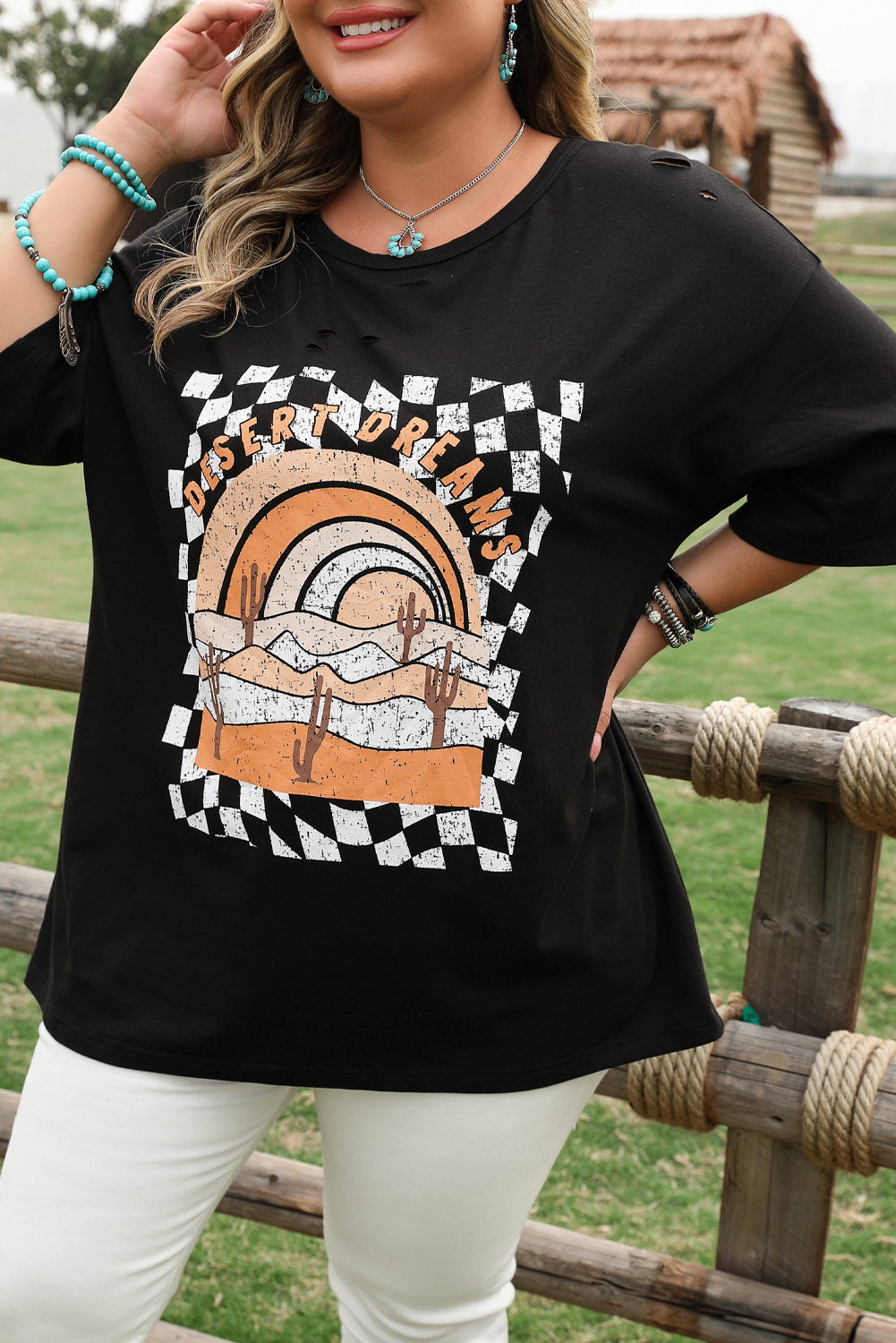 Plus Size Black Checkerd DESERT DREAMS Printed Ripped  Tee