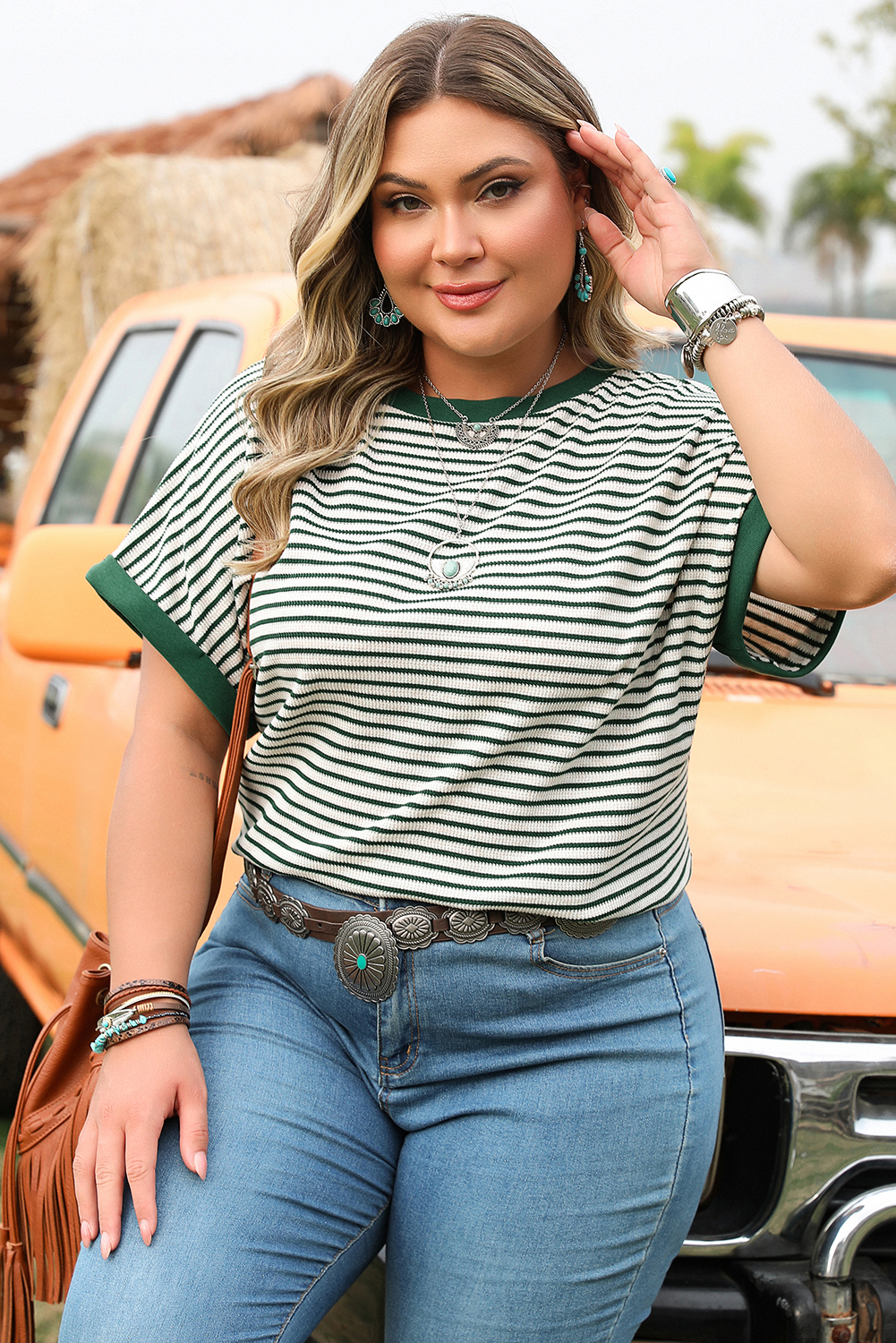 Plus Size Green Stripe Trimmed Round Neck  Boxy Fit T-shirt