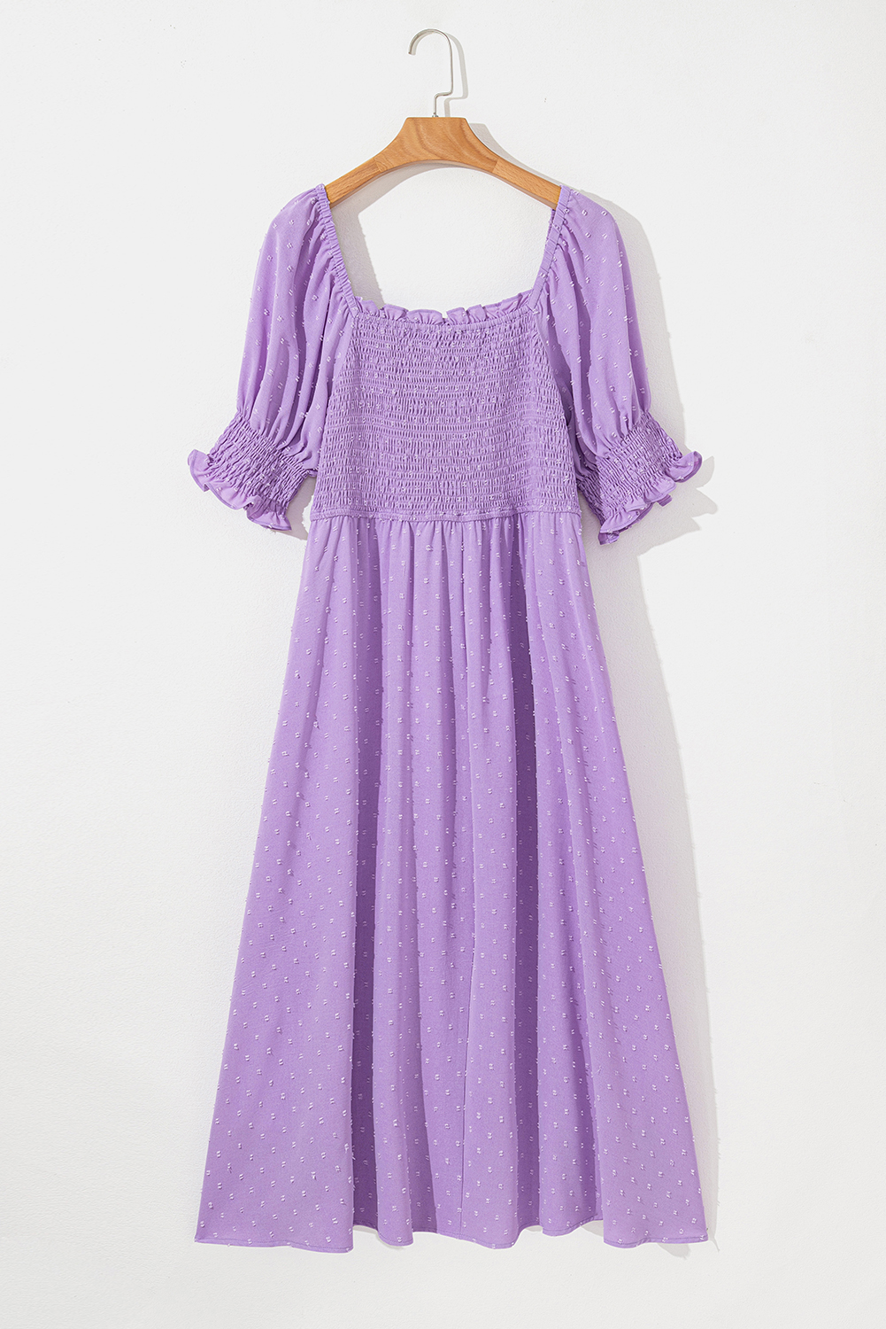 Plus Size Wisteria Swiss Dot Smocked Frilled Neckline Short Sleeve  Dress