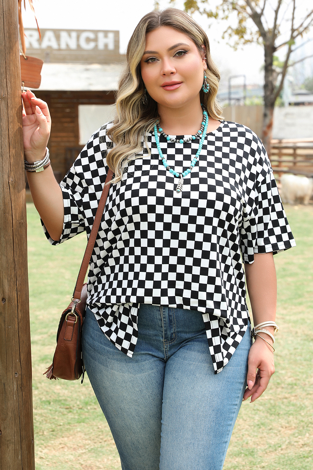 Plus Size Black Checkered Print Side Slits O Neck  T Shirt