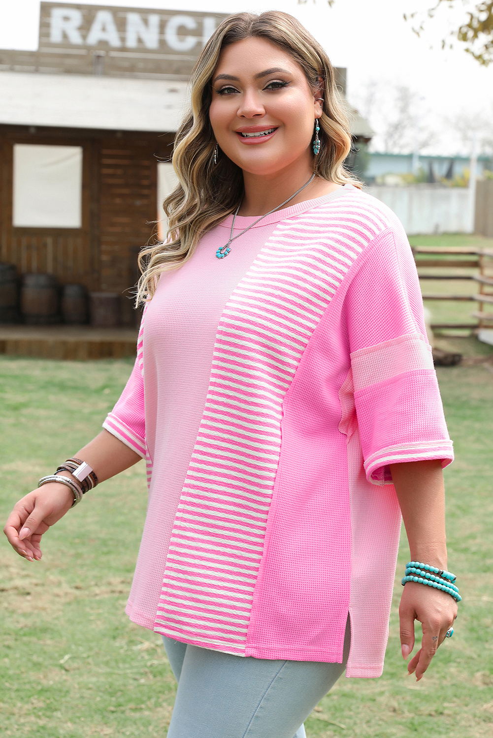 Plus Size Pink Stripe Patchwork Colorblock  T Shirt