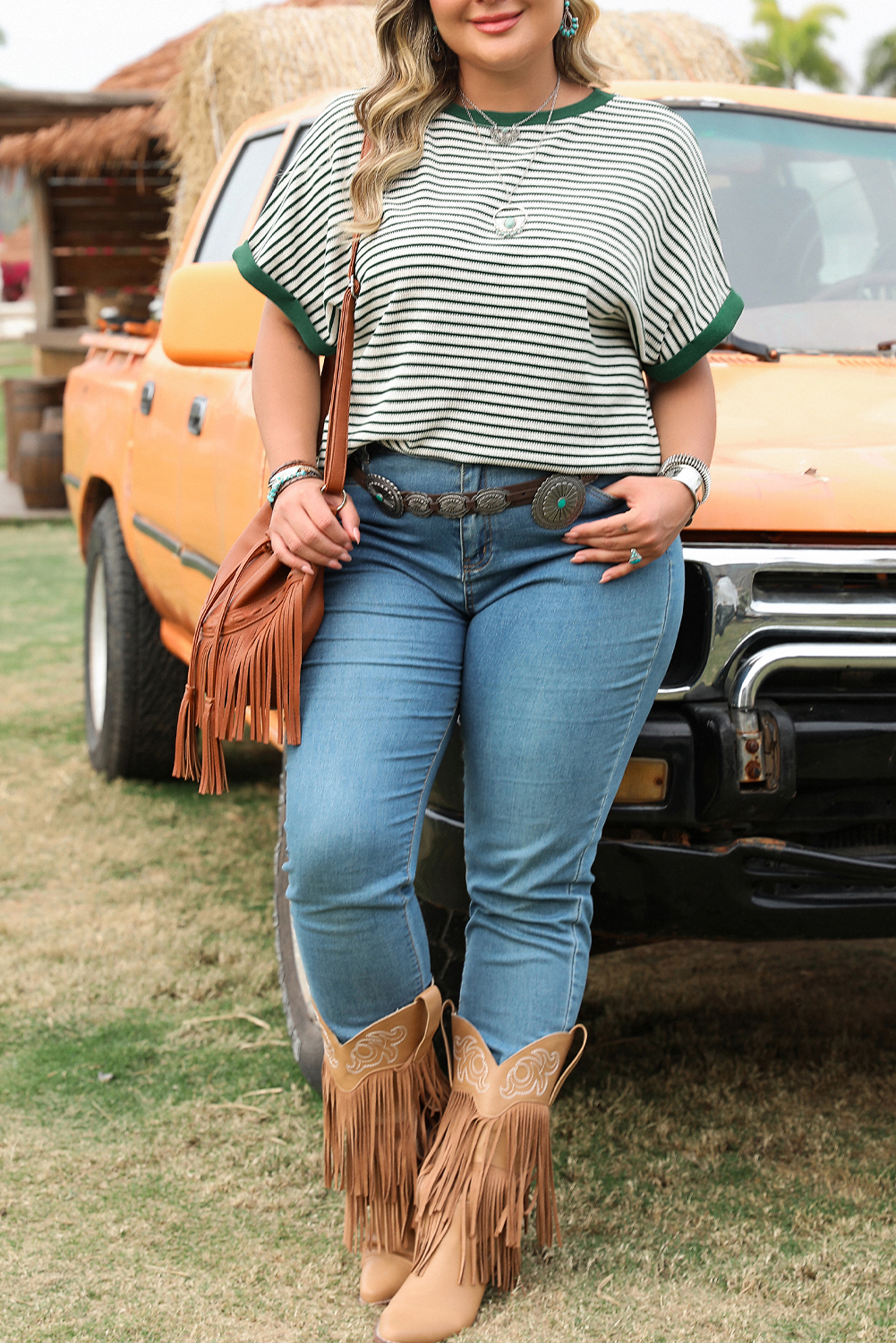 Plus Size Green Stripe Trimmed Round Neck  Boxy Fit T-shirt