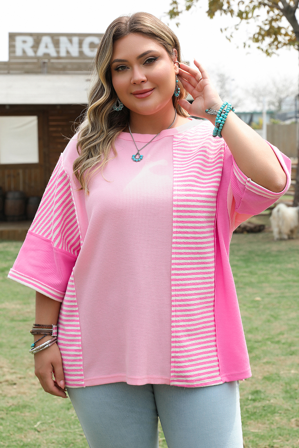 Plus Size Pink Stripe Patchwork Colorblock  T Shirt
