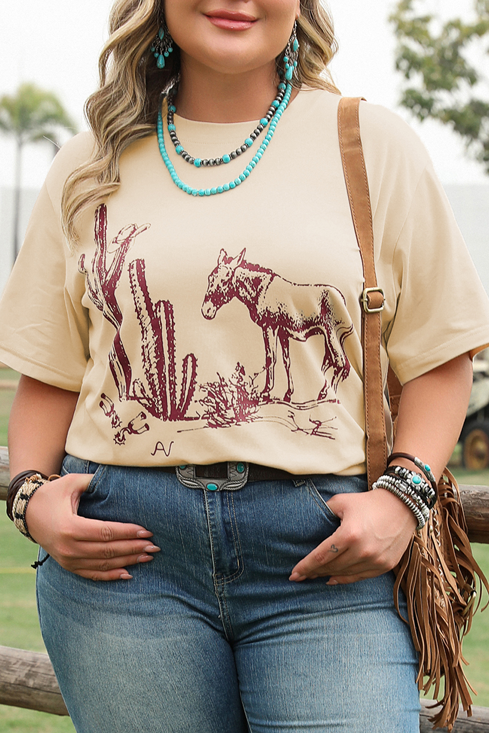 Parchment  Western Burro Cactus Crew Neck Graphic Tee