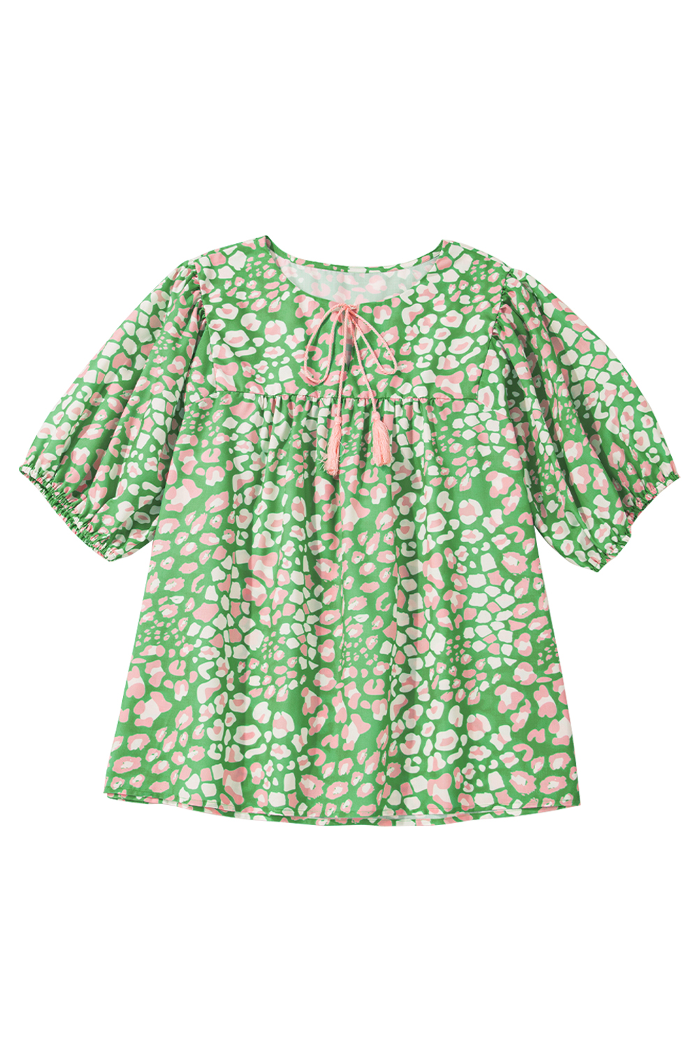 Plus Size Green  Floral Tassel Tie Split Neck Puff Sleeve Blouse
