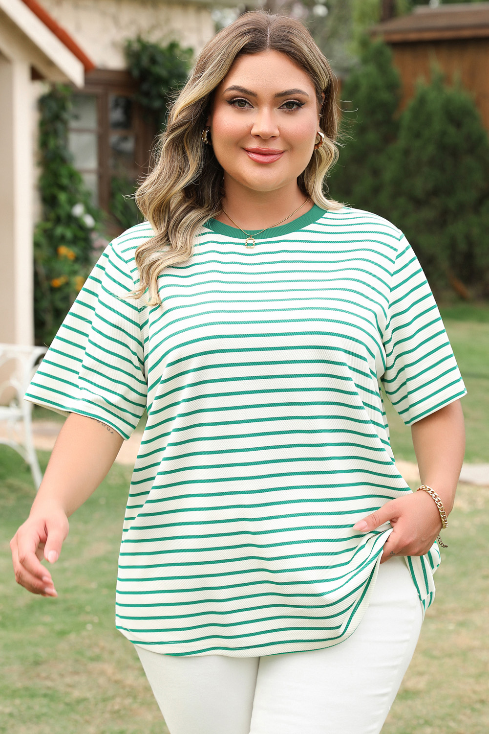 Plus Size Green Stripe  St Patricks Day Round Neck T Shirt
