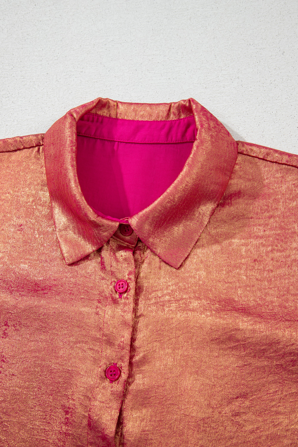 Plus Size Rose Red  Metallic Sheen Short Sleeve Button Up Shirt