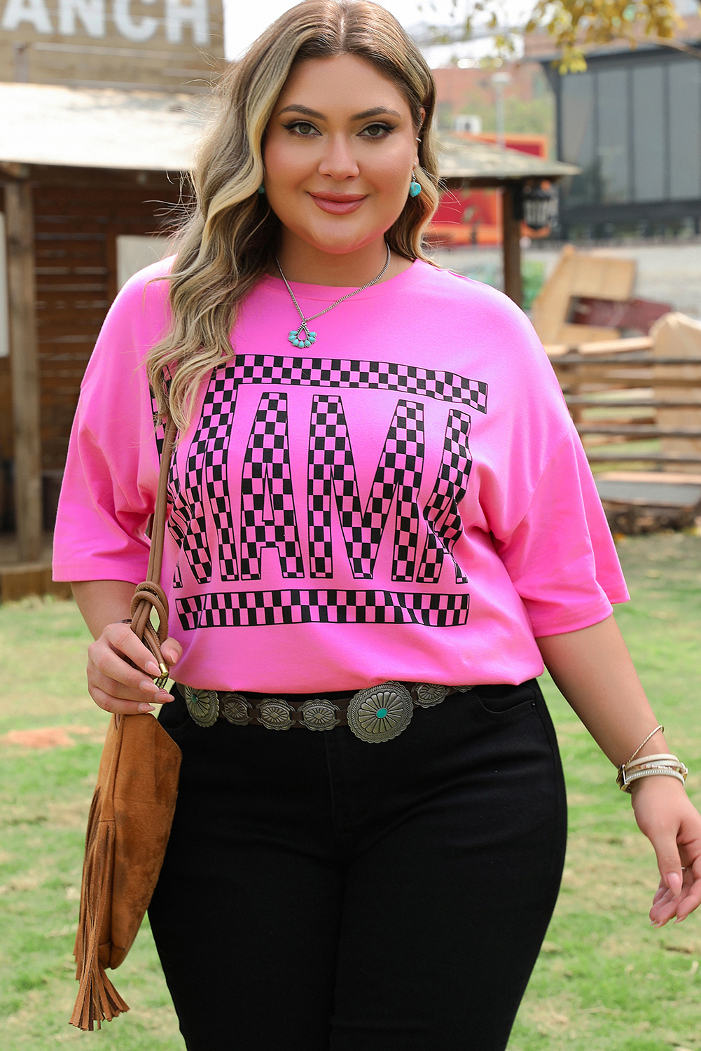 Large Size Bright Pink Checker MAMA Letter Printed Graphic  T Shirt
