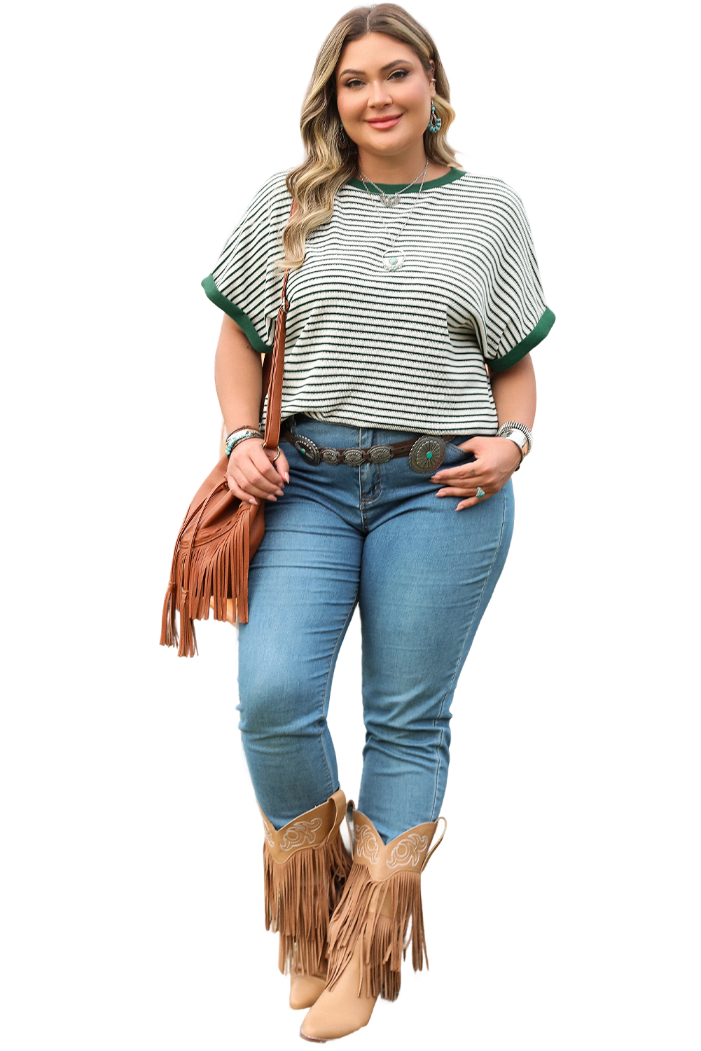 Plus Size Green Stripe Trimmed Round Neck  Boxy Fit T-shirt