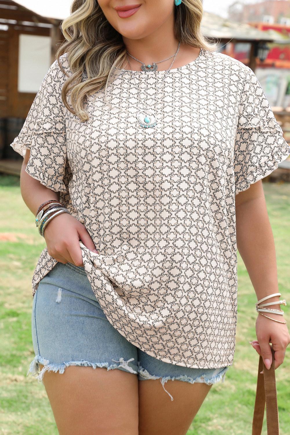 Plus Size Khaki  Geometric Print Ruffled Sleeve Blouse