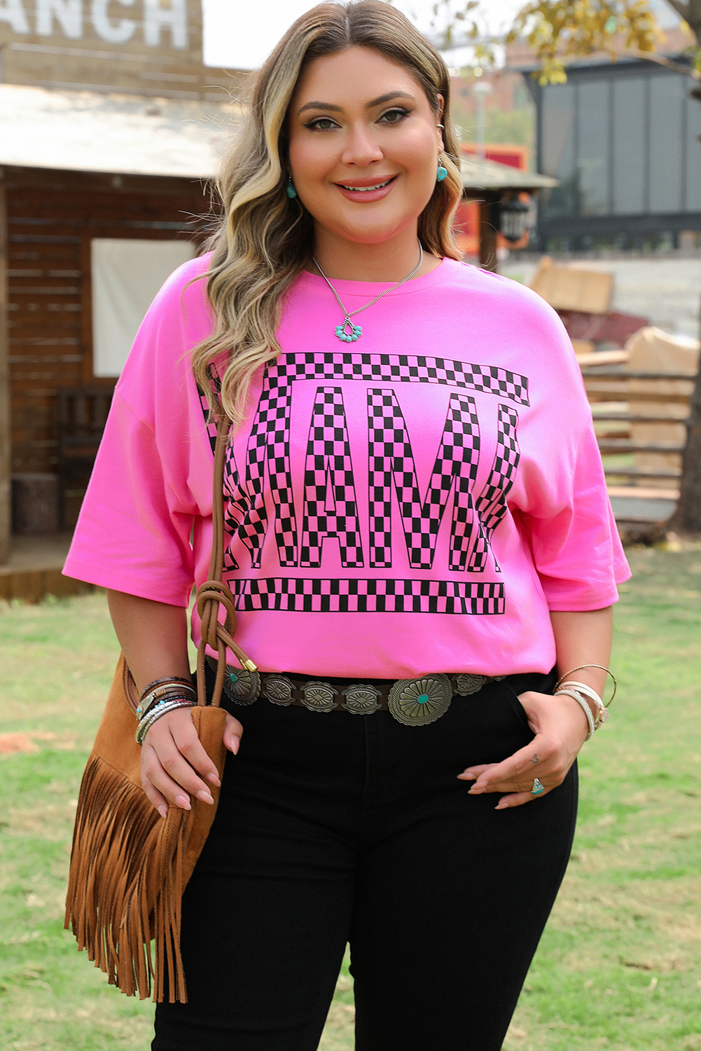 Plus Size Bright Pink Checker MAMA Letter Printed Graphic  T Shirt