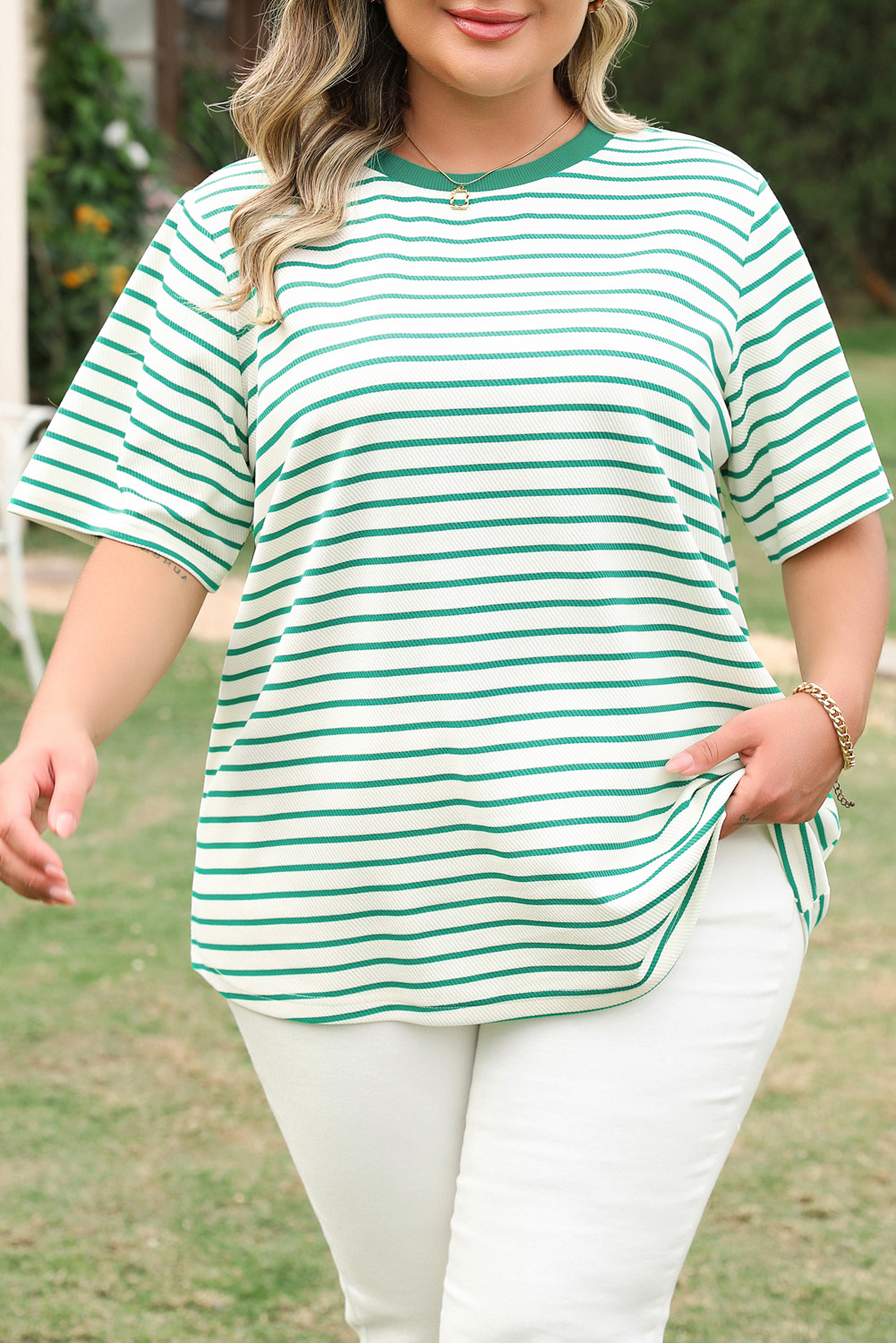 Plus Size Green Stripe  St Patricks Day Round Neck T Shirt