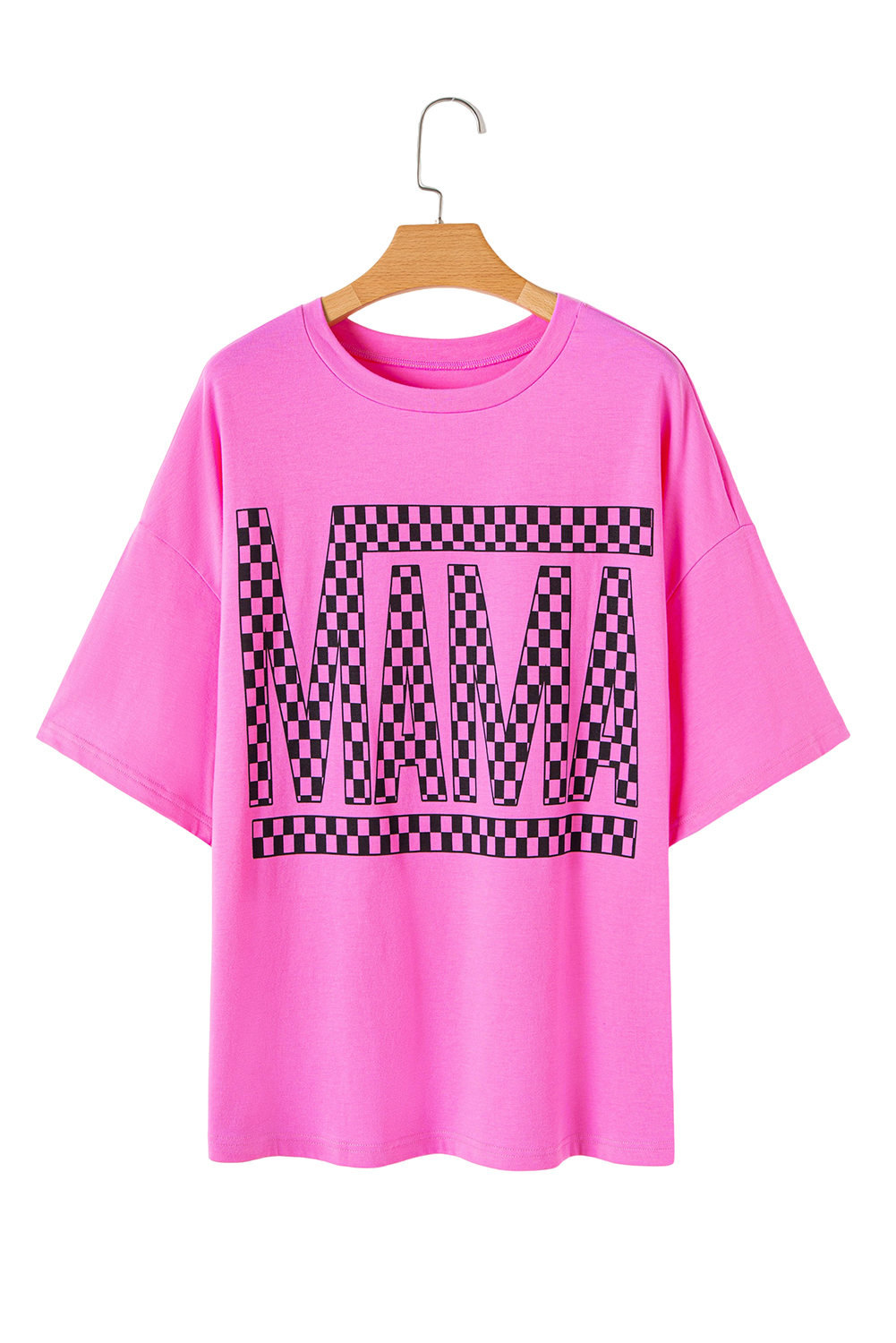 Plus Size Bright Pink Checker MAMA Letter Printed Graphic  T Shirt