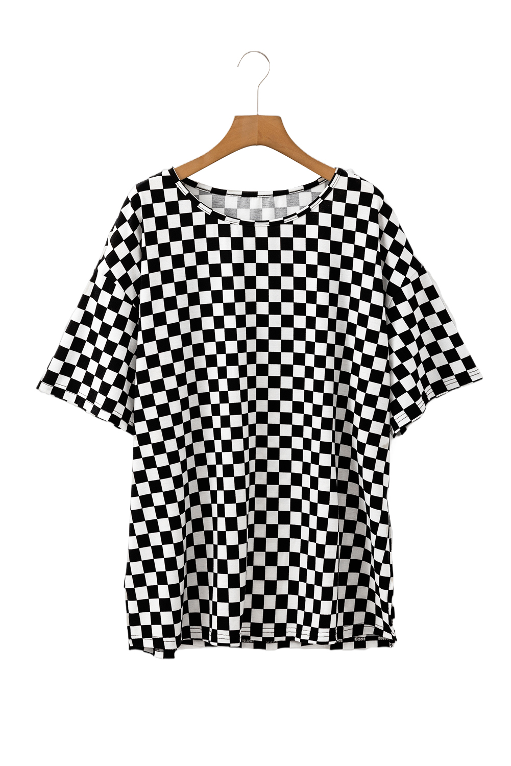Plus Size Black Checkered Print Side Slits O Neck  T Shirt