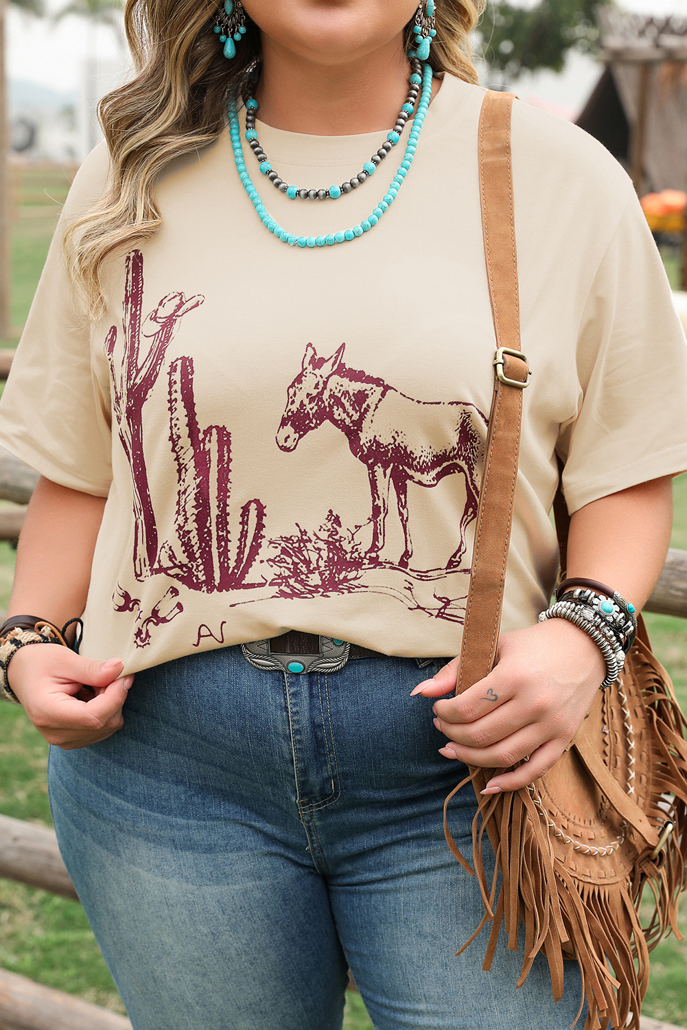 Parchment  Western Burro Cactus Crew Neck Graphic Tee