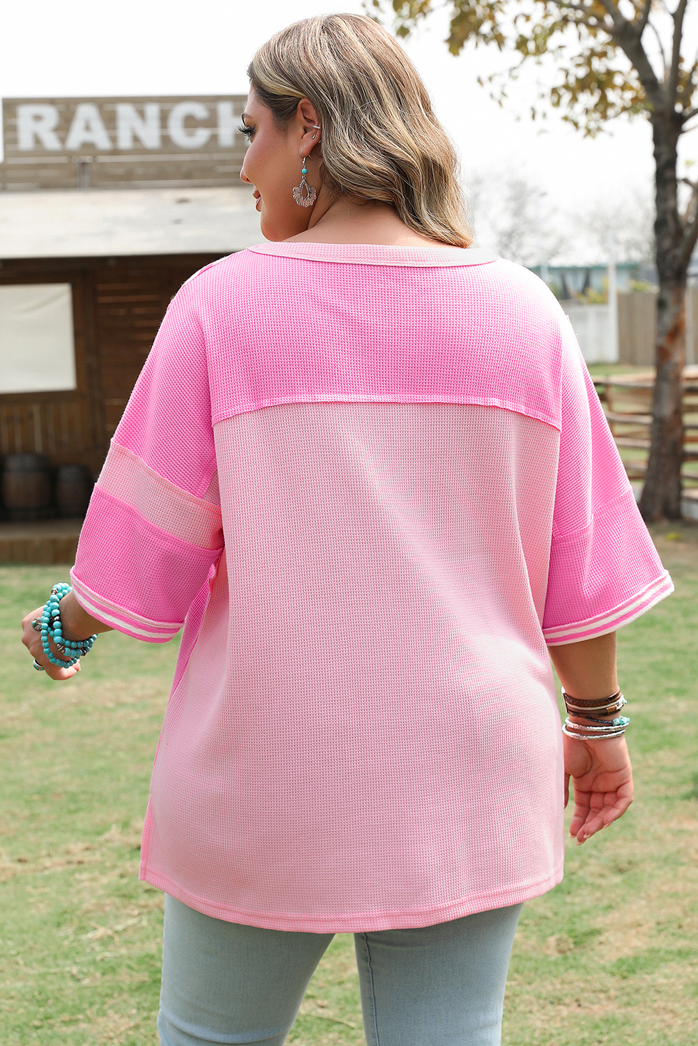 Plus Size Pink Stripe Patchwork Colorblock  T Shirt