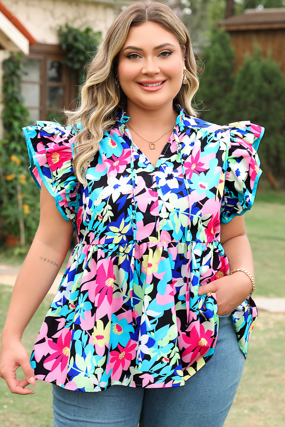 Plus Size Blue Floral Flutter Sleeve Tied Notched Neck  Blouse