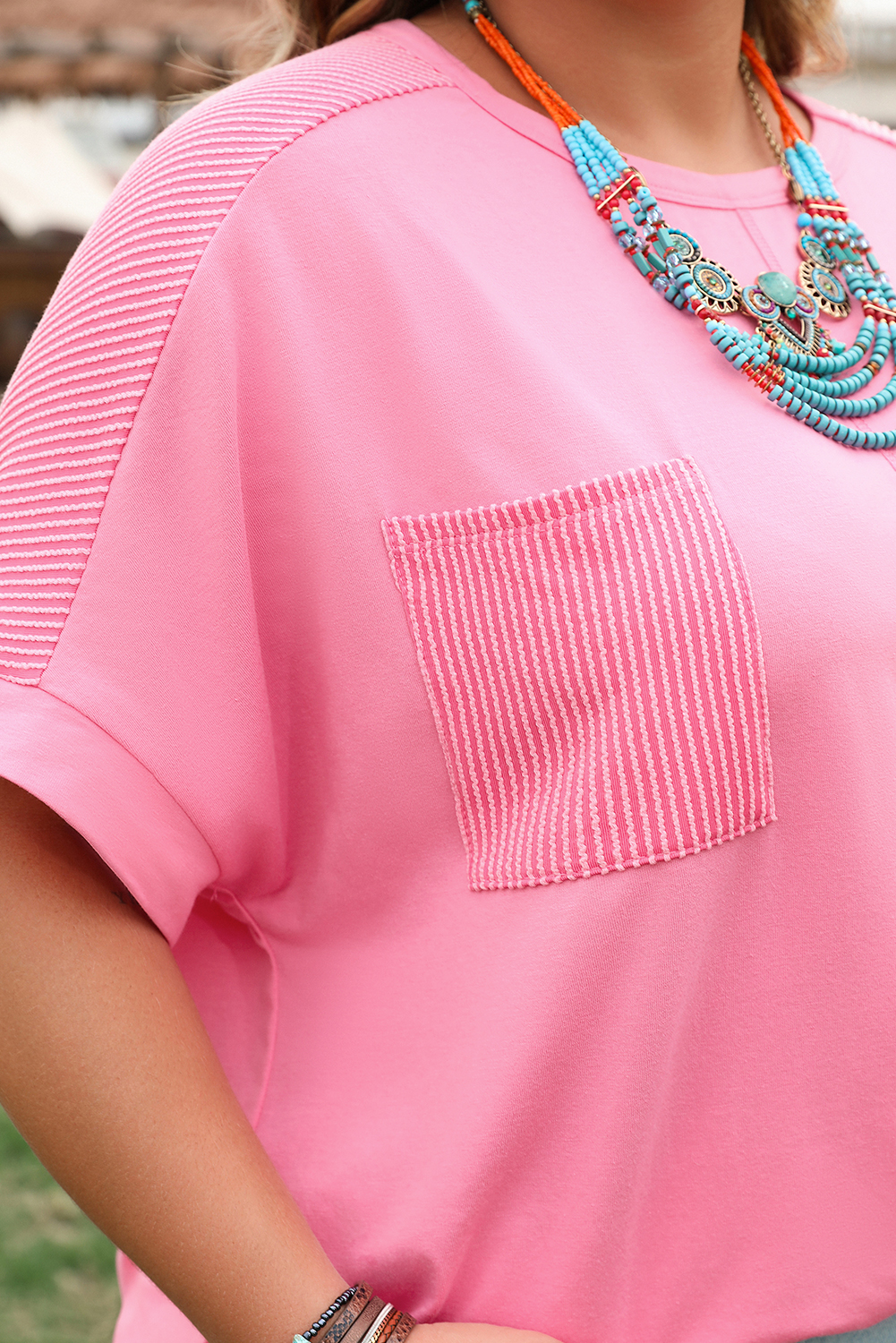 Plus Size Bonbon Corded Patchwork Pocketed  T Shirt