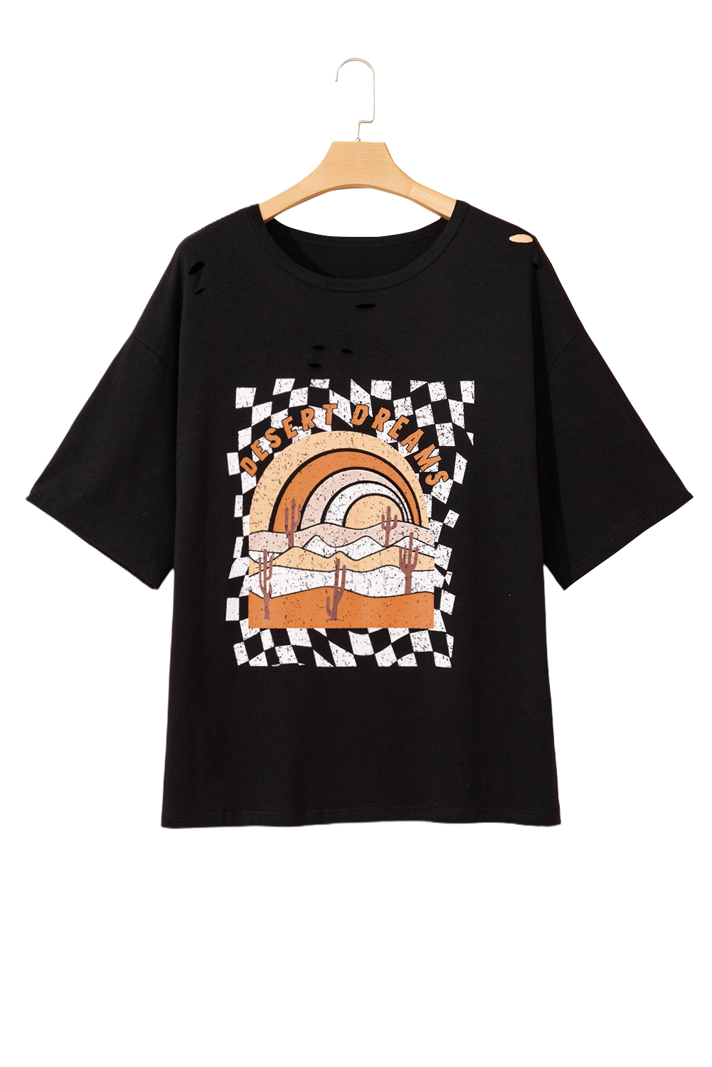 Plus Size Black Checkerd DESERT DREAMS Printed Ripped  Tee