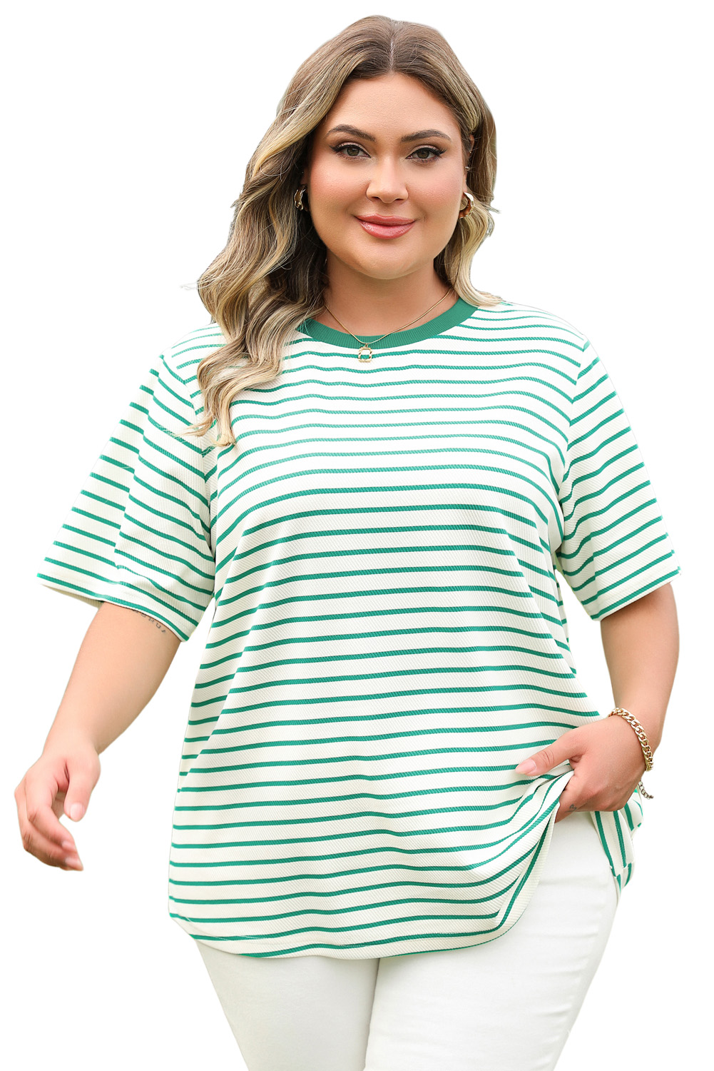 Plus Size Green Stripe  St Patricks Day Round Neck T Shirt