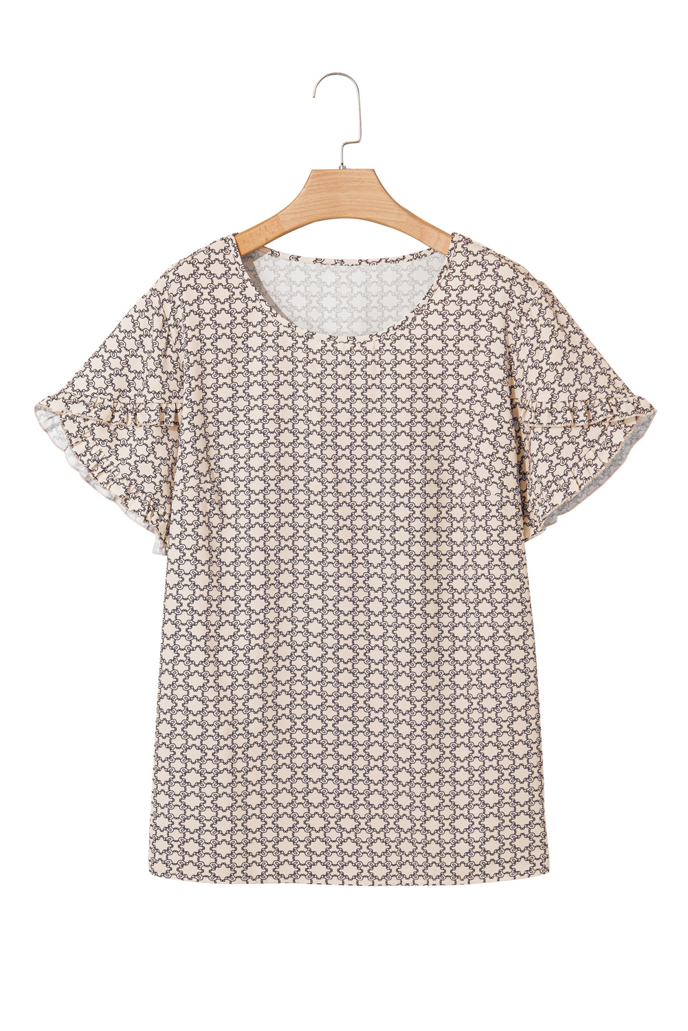 Plus Size Khaki  Geometric Print Ruffled Sleeve Blouse