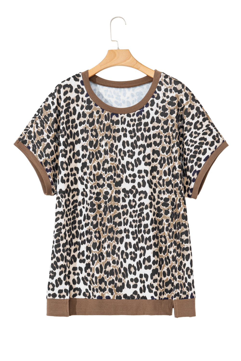 Plus Size Khaki Leopard Contrast Trim Short Sleeve Loose  Top