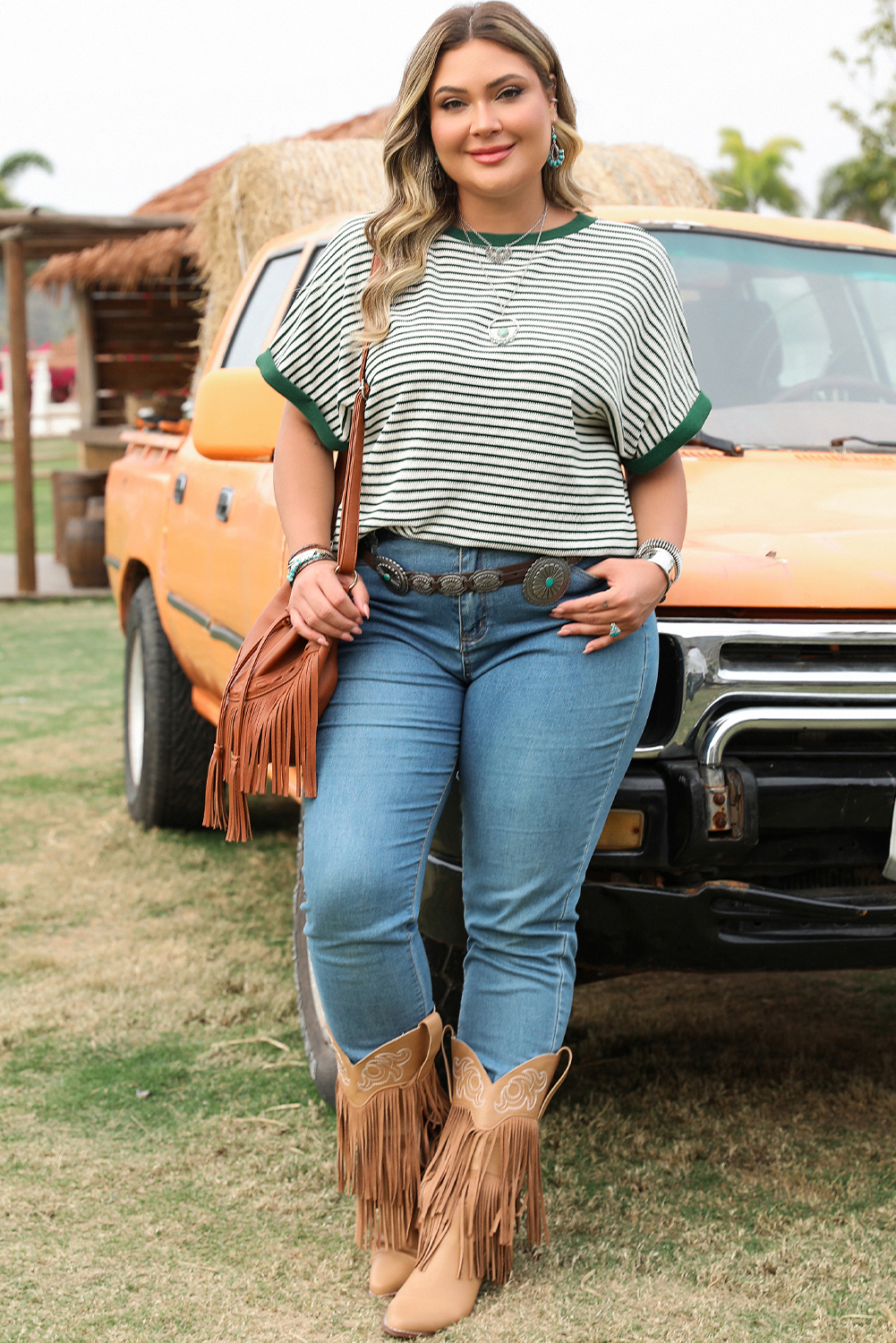 Plus Size Green Stripe Trimmed Round Neck  Boxy Fit T-shirt