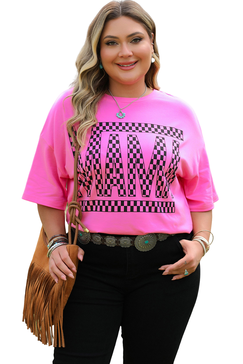 Plus Size Bright Pink Checker MAMA Letter Printed Graphic  T Shirt