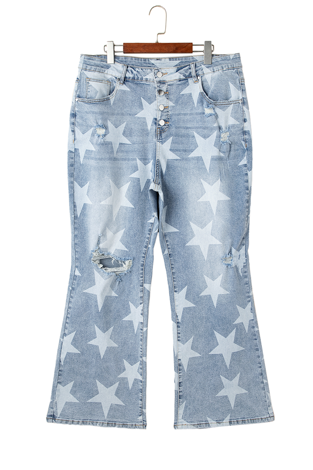 Plus Size Sky Blue Star Printed Multi Buttons Slit Knee Destroyed  Jeans