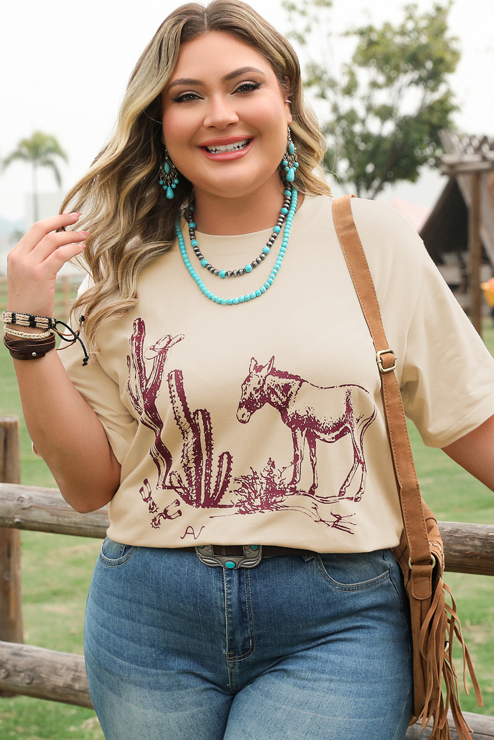 Parchment  Western Burro Cactus Crew Neck Graphic Tee