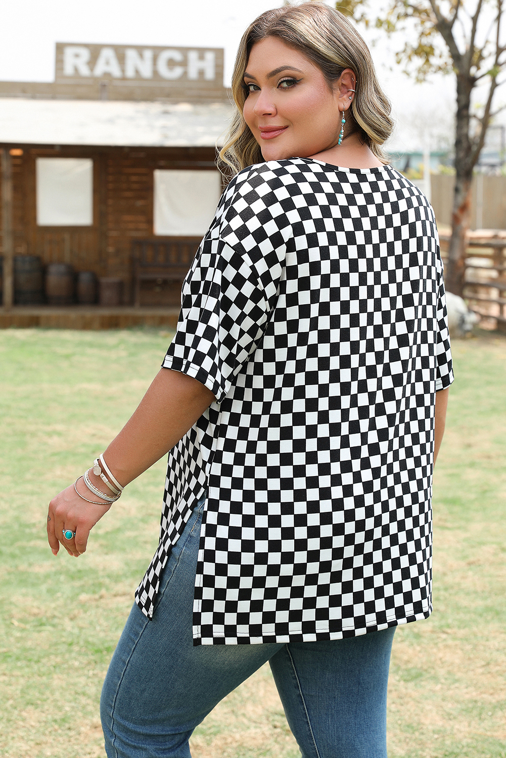 Plus Size Black Checkered Print Side Slits O Neck  T Shirt