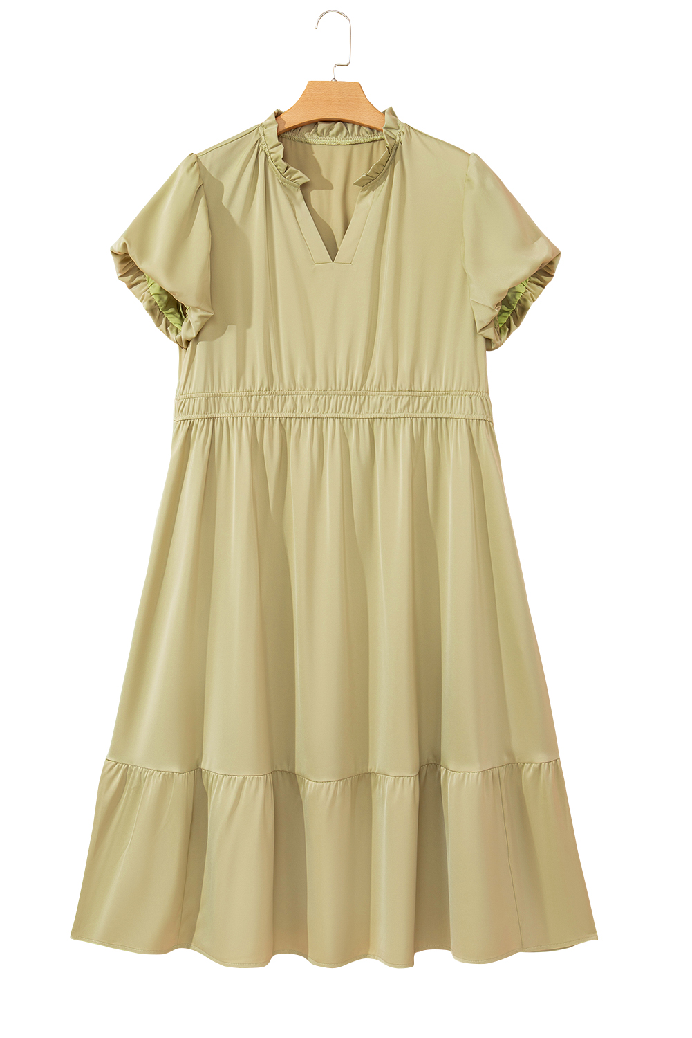 Plus Size Laurel Green Notched V Neck Puff Sleeve Tiered  Maxi Dress