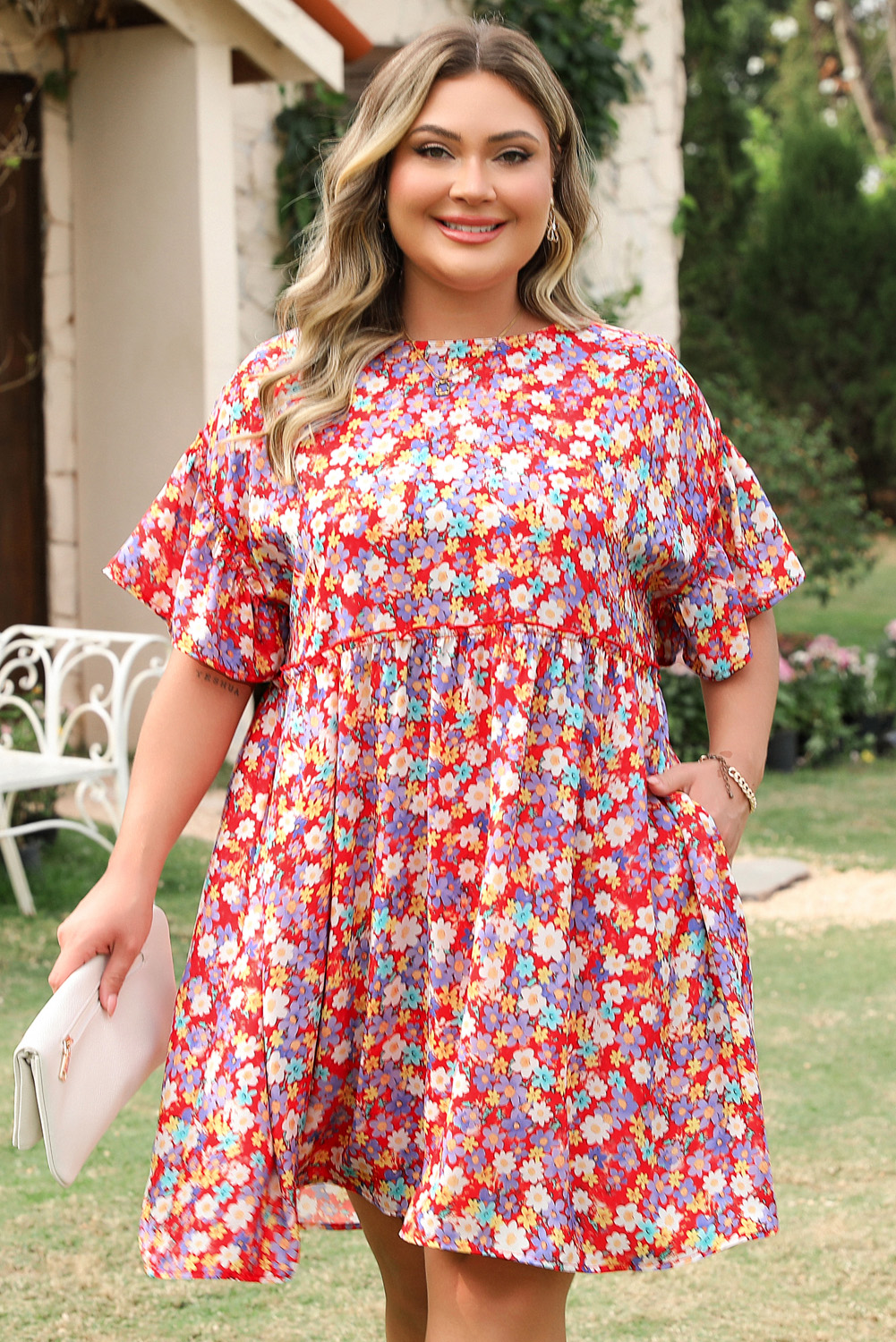 Plus Size Red Dainty Flower Printed  Short Sleeve Shift Dress