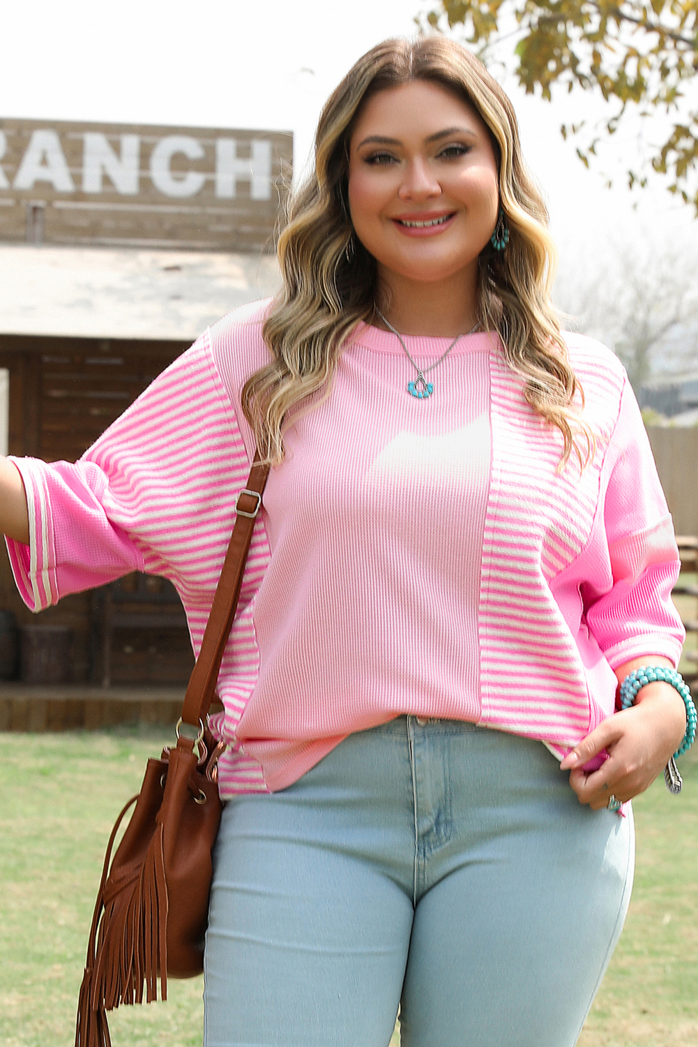 Plus Size Pink Stripe Patchwork Colorblock  T Shirt