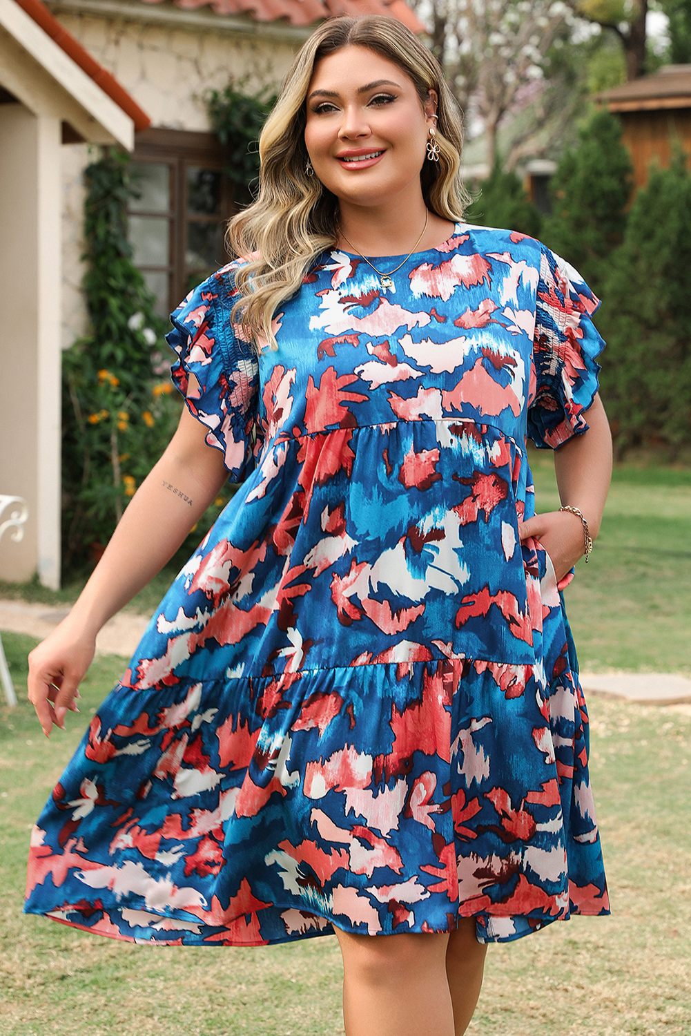Plus Size Blue Abstract Print Shirred Ruffled Short Sleeve Tiered  Mini Dress